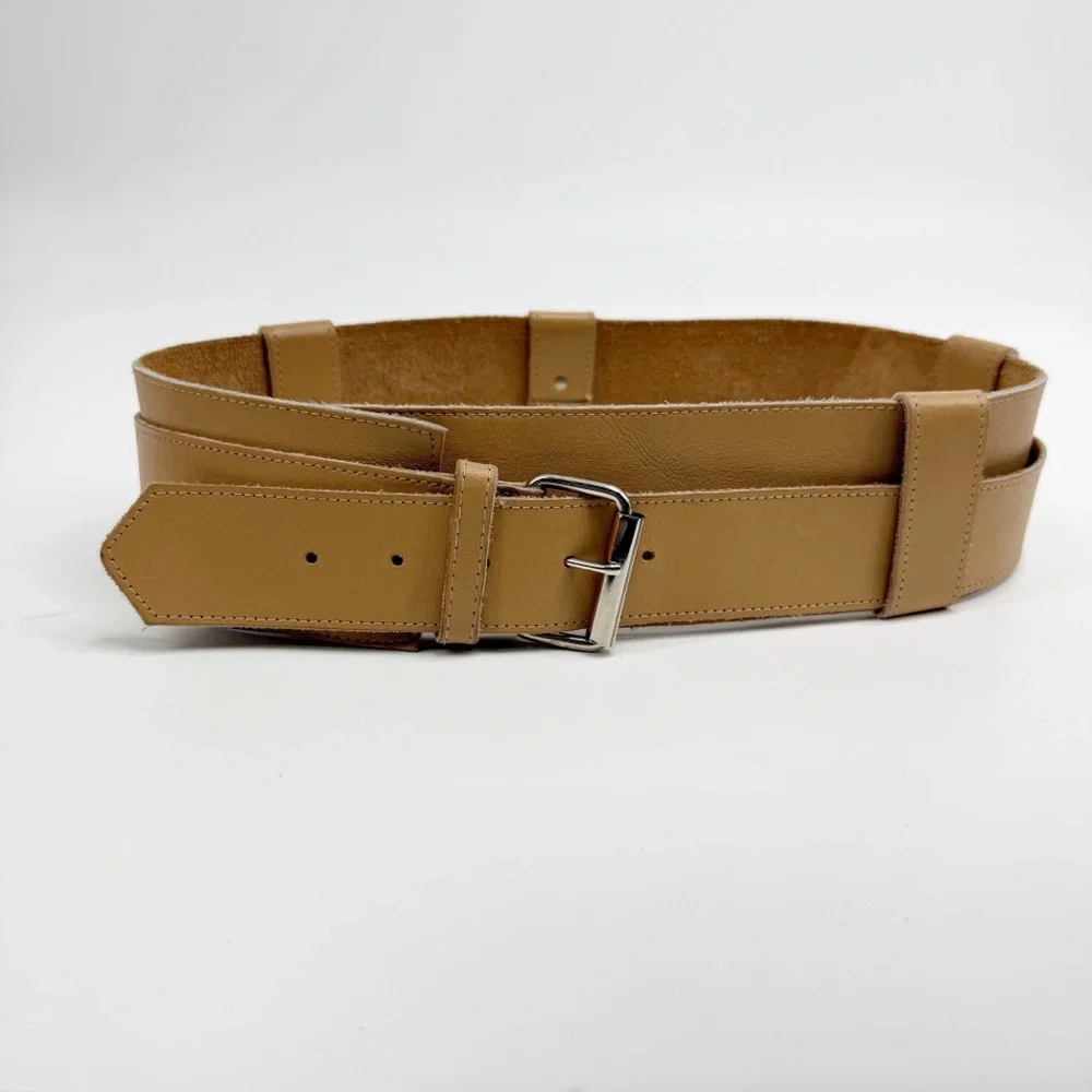 Tan Leather Crossover Asymmetrical Belt with Silver Buckle, Size Small